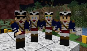 This is a screenshot from someone's Minecraft stream. It is unclear who's stream it came from. From left to right, Eret, Tubbo, Tommy, and Wilbur stand on top of the hotdog van and look towards the camera. They are all wearing their L'manberg uniforms.